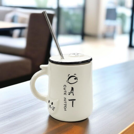 OCEAN STORE Ceramic Tumbler Mug with Lid and Stainless Steel Straw, White, 450ml, Cute Kitten Design, for Hot and Cold Drinks (Pack of 1) (Pack of 1)