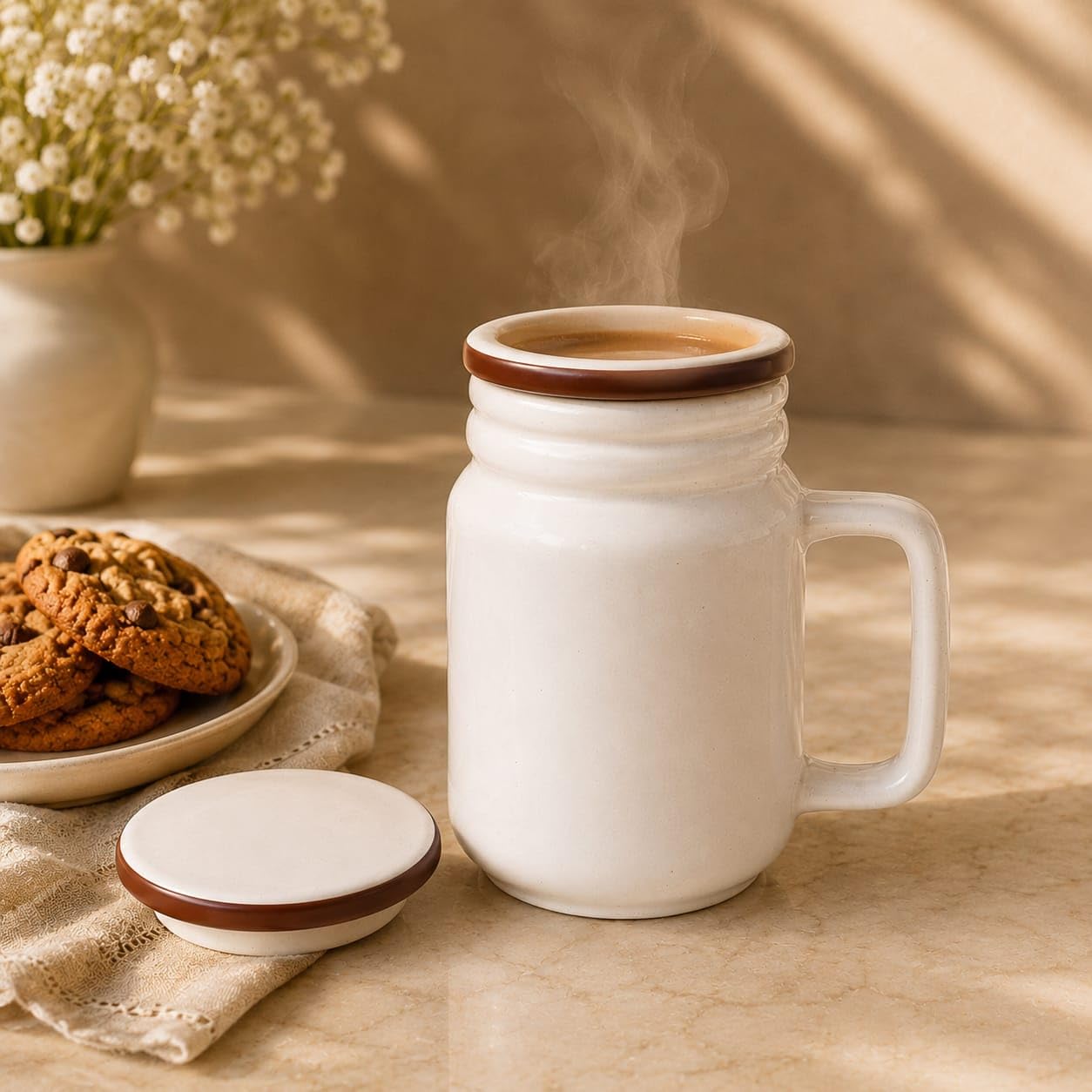 OCEAN STORE Ceramic Matte Mug with Secure Fit Lid & Stainless Steel Straw | 300 ml Jar Mug for Coffee, Tea & Cold Drinks | Microwave & Dishwasher Safe (Set of 1)
