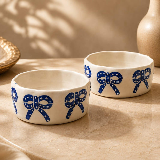 OCEAN STORE Ceramic Ribbon Bowl 250ml | Cute Hand-Painted Ribbon Bow Tie Snack and Serving Bowl | Microwave and Dishwasher Safe Ceramic Bowl (Blue Ribbon, Set of 1)
