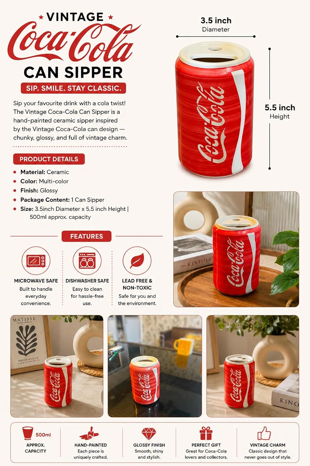 OCEAN STORE Vintage Cola Can Sipper, Hand-Painted Ceramic Beverage Cup, 500 ml, Glossy Can-Shaped Mug