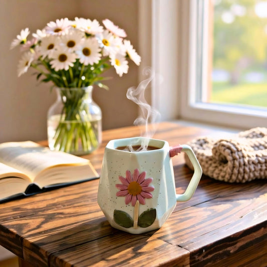 OCEAN STORE Ceramic Hexagonal Flower 240ml Coffee Mug – 3D Floral Design, Aesthetic Hand-Painted Tea Cup for Home & Office, Unique Gift for Women & Girls (Light Green)