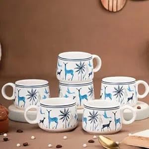 OCEAN STORE Stag Blue Ceramic Tea Cups Set of 6, Small Coffee Chai Serving Cups, 75 ML, Microwave Safe, Antique Style, Round Shape, Lead-Free