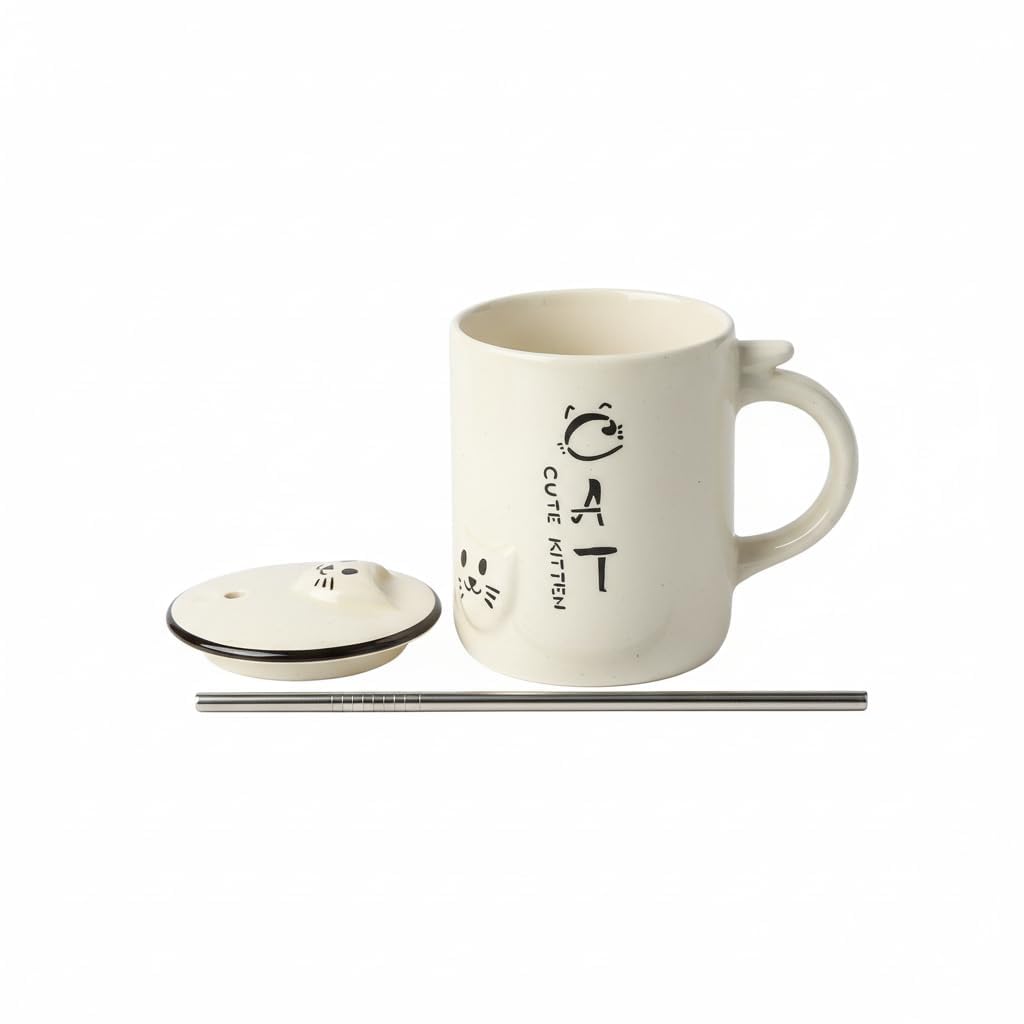 OCEAN STORE Ceramic Tumbler Mug with Lid and Stainless Steel Straw, White, 450ml, Cute Kitten Design, for Hot and Cold Drinks (Pack of 1) (Pack of 1)