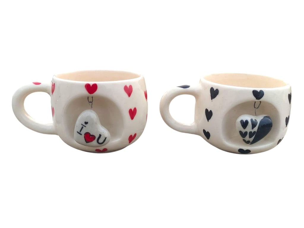 OCEAN STORE Ceramic Coffee Mug 350ml with 3D Hanging Heart Pendant, Hand-Painted Heart Patterns, Speckled Finish, Dangling Charm (1, White & Red)