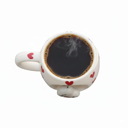OCEAN STORE Ceramic Coffee Mug 350ml with 3D Hanging Heart Pendant, Hand-Painted Heart Patterns, Speckled Finish, Dangling Charm (1, White & Red)