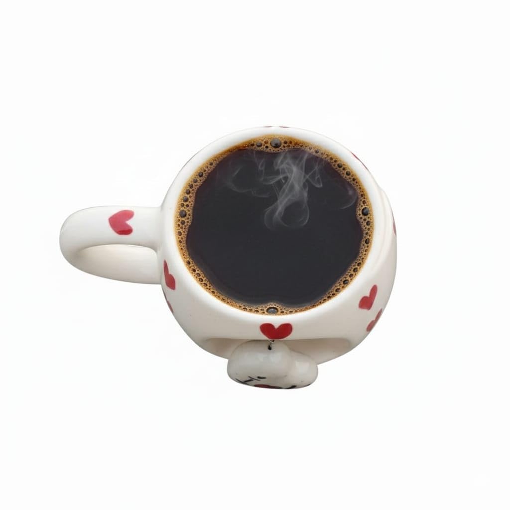 OCEAN STORE Ceramic Coffee Mug 350ml with 3D Hanging Heart Pendant, Hand-Painted Heart Patterns, Speckled Finish, Dangling Charm (1, White & Red)