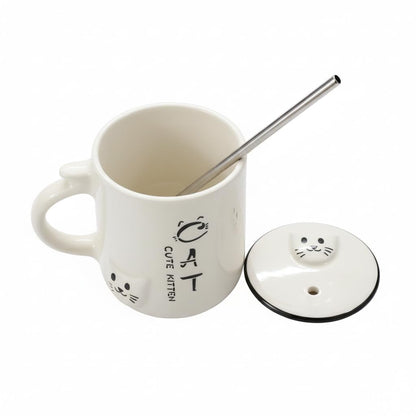 OCEAN STORE Ceramic Tumbler Mug with Lid and Stainless Steel Straw, White, 450ml, Cute Kitten Design, for Hot and Cold Drinks (Pack of 1) (Pack of 1)