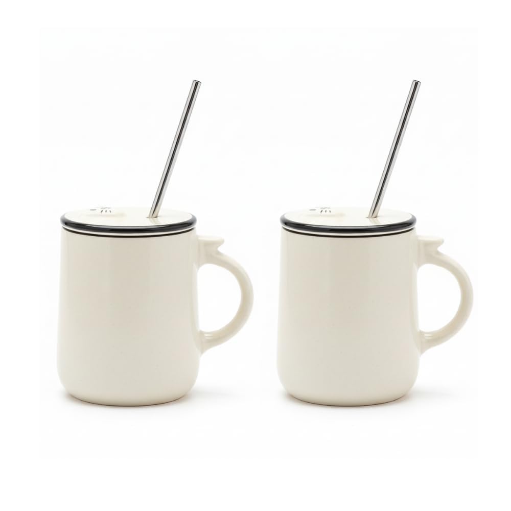 OCEAN STORE Ceramic Tumbler Mug with Lid and Stainless Steel Straw, White, 450ml, Cute Kitten Design, for Hot and Cold Drinks (Pack of 1) (Pack of 1)