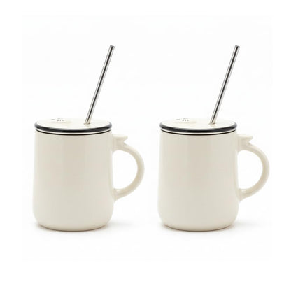 OCEAN STORE Ceramic Tumbler Mug with Lid and Stainless Steel Straw, White, 450ml, Cute Kitten Design, for Hot and Cold Drinks (Pack of 1) (Pack of 1)