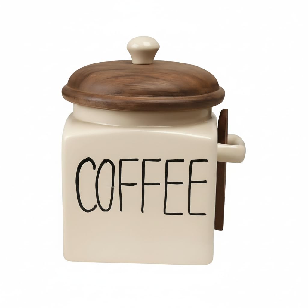 OCEAN STORE Ceramic Storage Canister with Wooden Lid, Cream, 900ml, Handcrafted Airtight Container with Screw-in Lid and Spoon Holder, Food Safe, Microwave Safe, BPA Free (1, Salt)