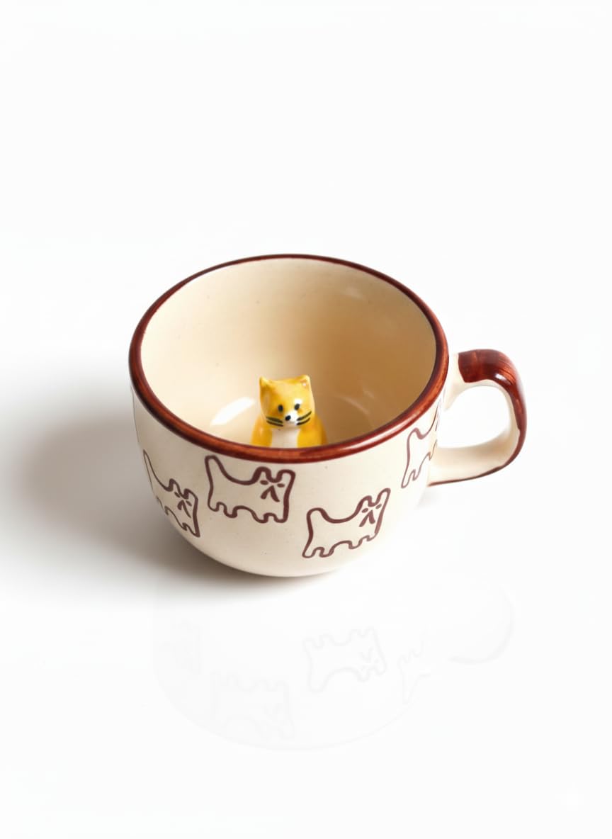 OCEAN STORE Large Cute Cat Surprise Ceramic Coffee Mug/Tea Cup - 3D Hidden Animal Figurine Inside | Microwave & Dishwasher Safe, Lead-Free | Perfect for Gifting (Cream/Brown) (1, 280ml Capacity)