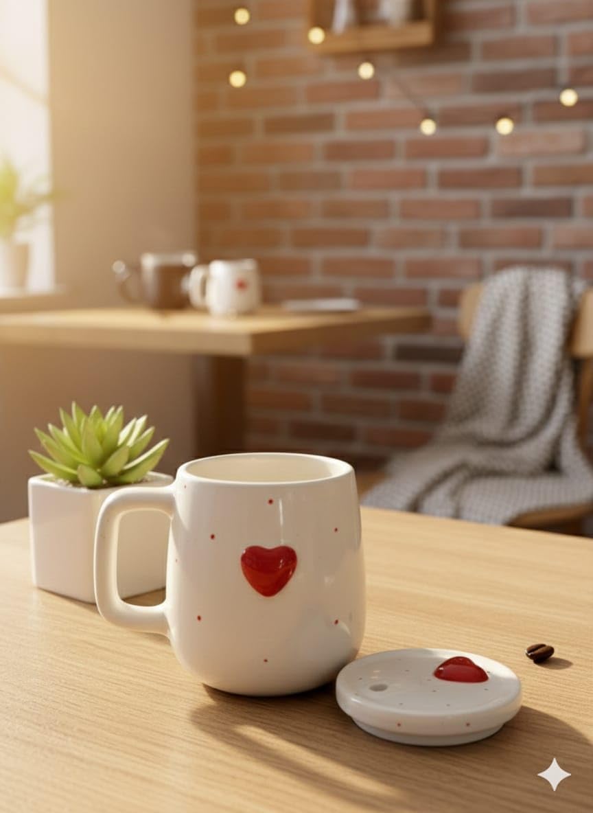 OCEAN STORE Ceramic Coffee Mug with Lid and Stainless Steel Straw (450ml) – Handcrafted 3D Heart Embossed Reusable Tumbler for Tea, Coffee, and Milk (Pack of 1) (Pack of 1)