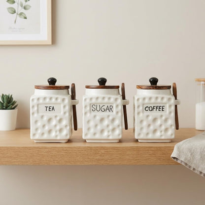OCEAN STORE Ceramic Dotted Jar Set of 3 with Wooden Lids & Spoons - Airtight Kitchen Storage Canisters for (Sugar + Salt + Coffee)