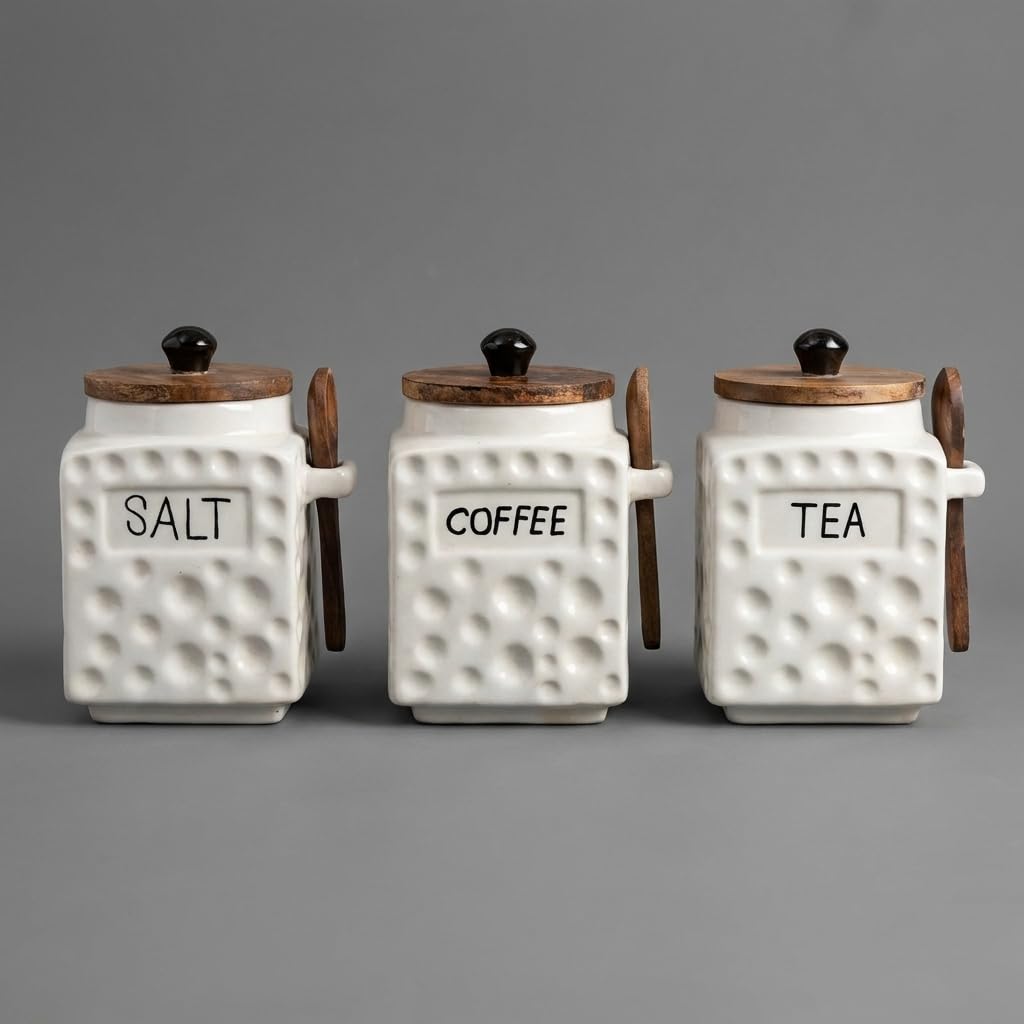 OCEAN STORE Ceramic Dotted Jar Set of 3 with Wooden Lids & Spoons - Airtight Kitchen Storage Canisters for (Sugar + Salt + Coffee)