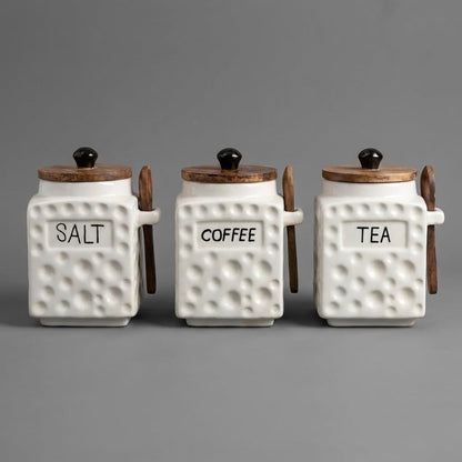 OCEAN STORE Ceramic Dotted Jar Set of 3 with Wooden Lids & Spoons - Airtight Kitchen Storage Canisters for (Sugar + Salt + Coffee)