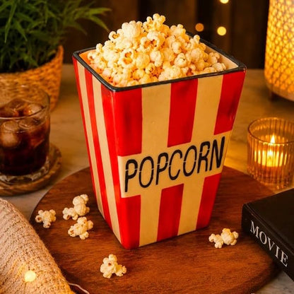 Ocean Store Classic Cinema Popcorn Bucket, Hand-Painted Ceramic Snack Bowl, Red & White Striped Movie Night Serving Basket, 5.5 x 7 Inch