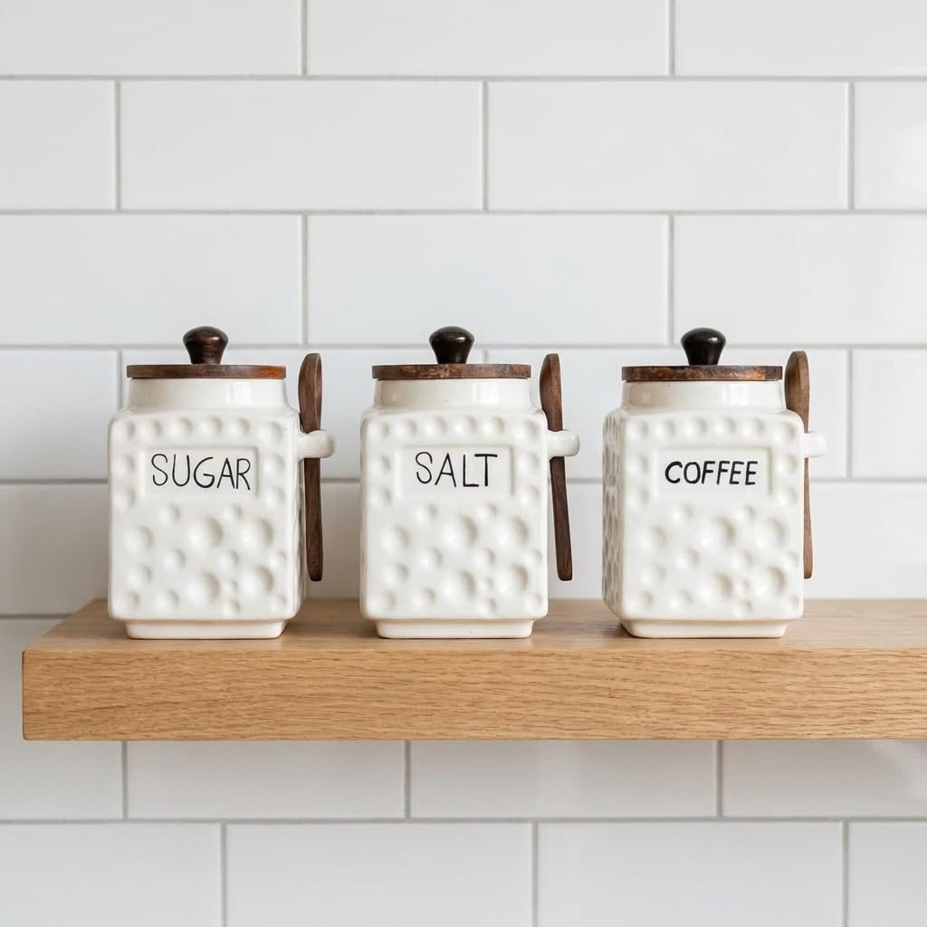 OCEAN STORE Ceramic Dotted Jar Set of 3 with Wooden Lids & Spoons - Airtight Kitchen Storage Canisters for (Sugar + Salt + Coffee)