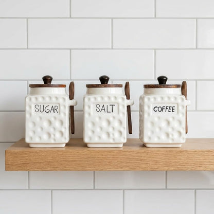 OCEAN STORE Ceramic Dotted Jar Set of 3 with Wooden Lids & Spoons - Airtight Kitchen Storage Canisters for (Sugar + Salt + Coffee)