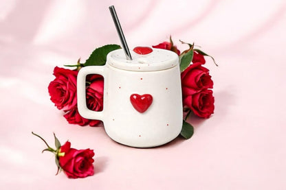OCEAN STORE Ceramic Coffee Mug with Lid and Stainless Steel Straw (450ml) – Handcrafted 3D Heart Embossed Reusable Tumbler for Tea, Coffee, and Milk (Pack of 1) (Pack of 1)