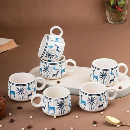 OCEAN STORE Stag Blue Ceramic Tea Cups Set of 6, Small Coffee Chai Serving Cups, 75 ML, Microwave Safe, Antique Style, Round Shape, Lead-Free