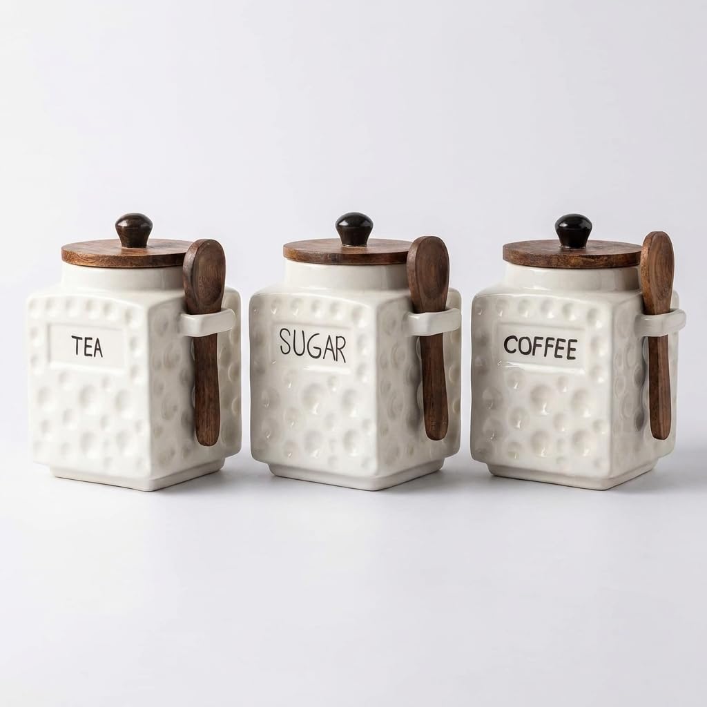 OCEAN STORE Ceramic Dotted Jar Set of 3 with Wooden Lids & Spoons - Airtight Kitchen Storage Canisters for (Sugar + Salt + Coffee)