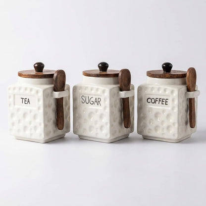 OCEAN STORE Ceramic Dotted Jar Set of 3 with Wooden Lids & Spoons - Airtight Kitchen Storage Canisters for (Sugar + Salt + Coffee)