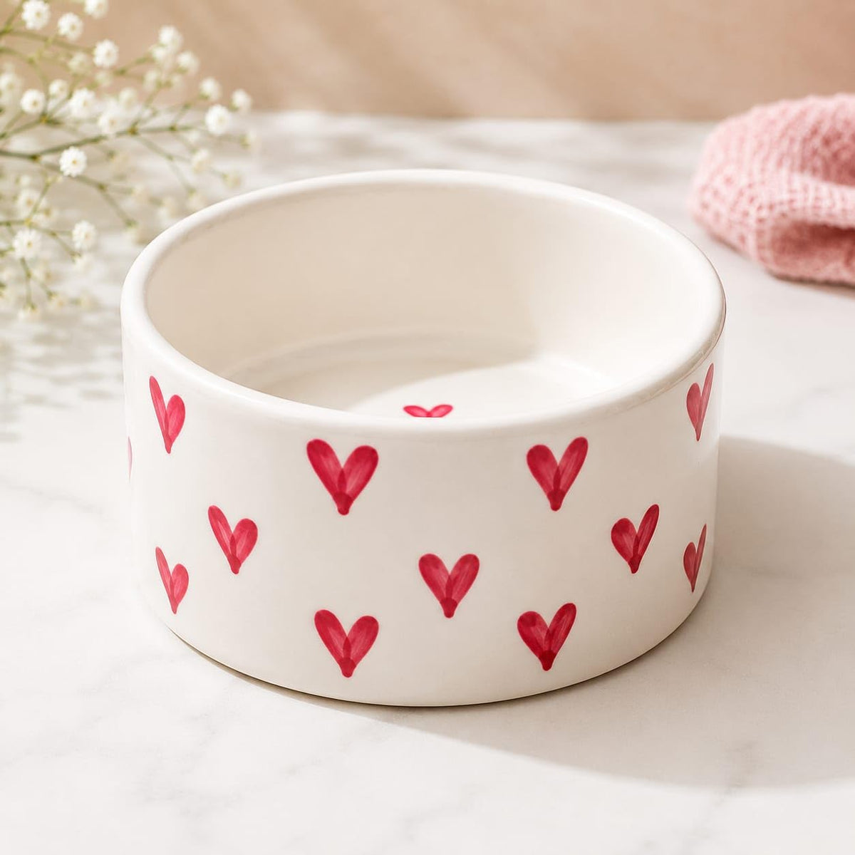 OCEAN STORE Ceramic Bowl with Hand-Painted Red Hearts, 250ml, Microwave & Dishwasher Safe, for Snacks, Fruits, Desserts (Set of 1)