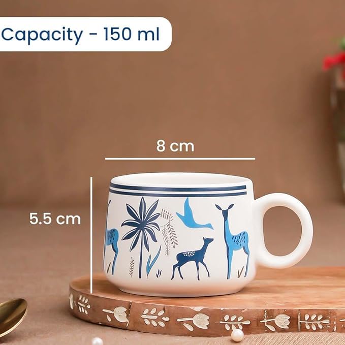 OCEAN STORE Stag Blue Ceramic Tea Cups Set of 6, Small Coffee Chai Serving Cups, 75 ML, Microwave Safe, Antique Style, Round Shape, Lead-Free