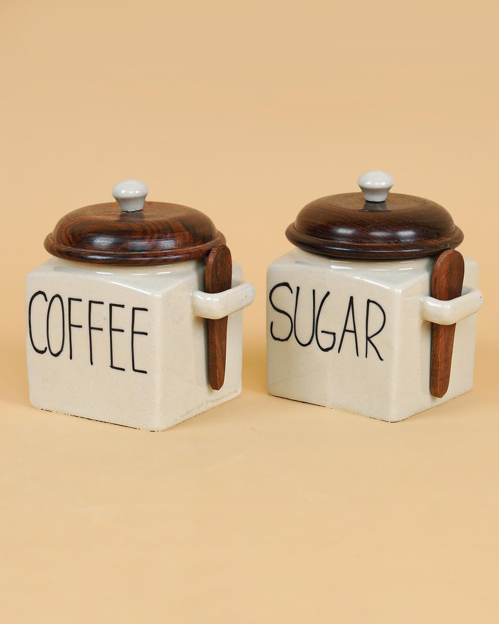 OCEAN STORE Ceramic Storage Canister with Wooden Lid, Cream, 900ml, Handcrafted Airtight Container with Screw-in Lid and Spoon Holder, Food Safe, Microwave Safe, BPA Free (1, Salt)