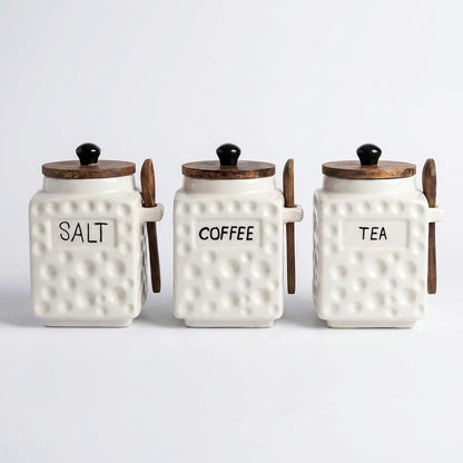 OCEAN STORE Ceramic Dotted Jar Set of 3 with Wooden Lids & Spoons - Airtight Kitchen Storage Canisters for (Sugar + Salt + Coffee)