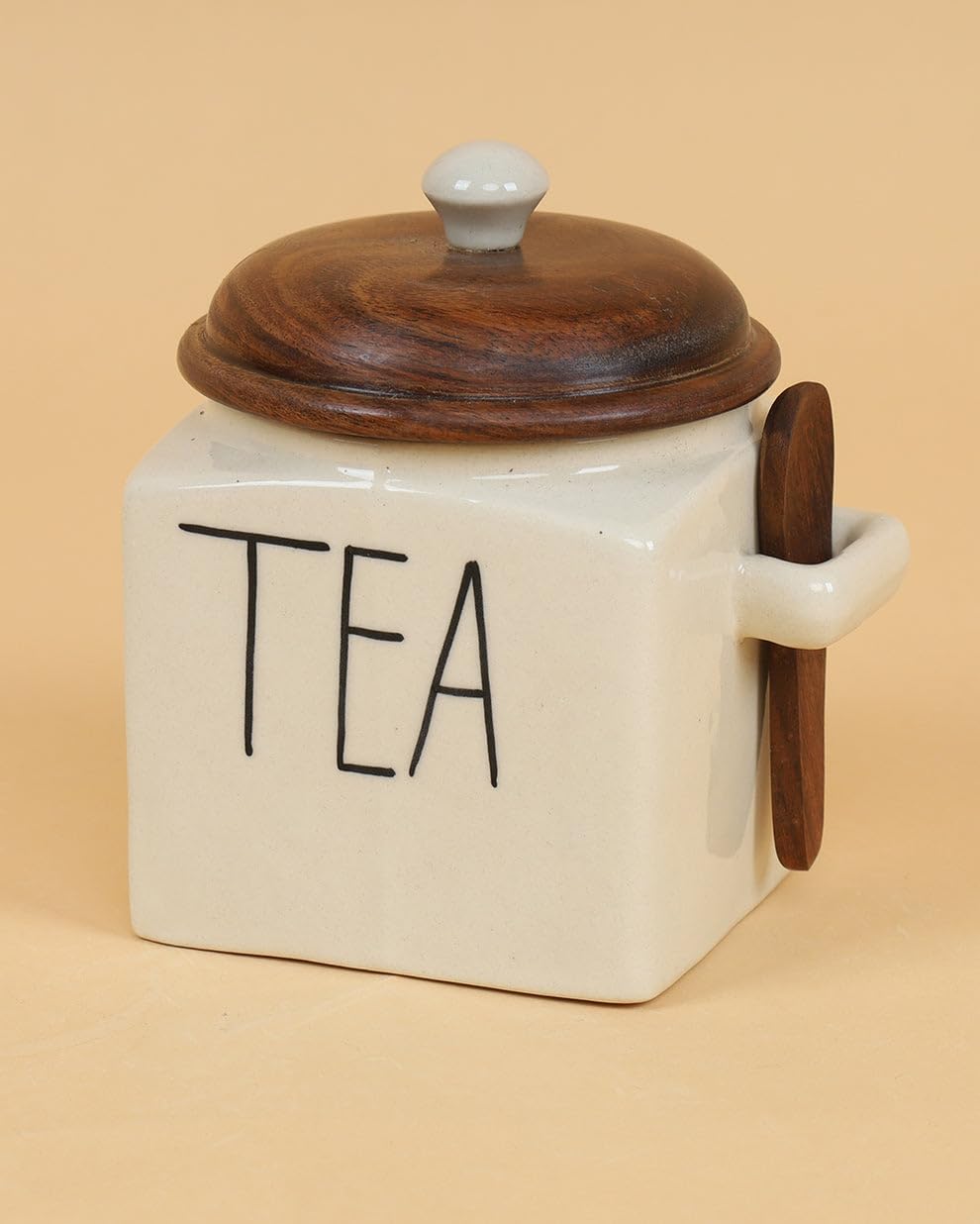 OCEAN STORE Ceramic Storage Canister with Wooden Lid, Cream, 900ml, Handcrafted Airtight Container with Screw-in Lid and Spoon Holder, Food Safe, Microwave Safe, BPA Free (1, Salt)