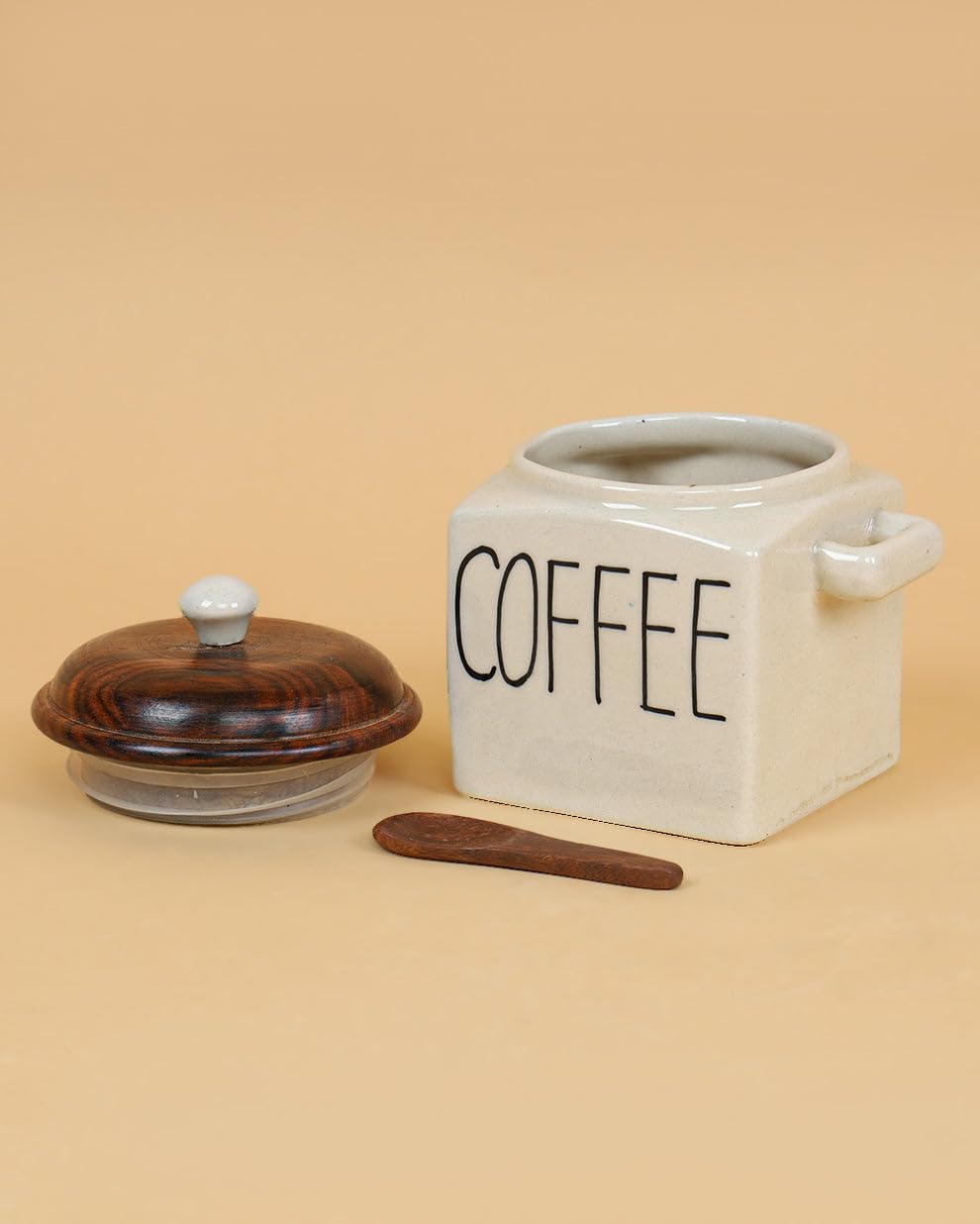 OCEAN STORE Ceramic Storage Canister with Wooden Lid, Cream, 900ml, Handcrafted Airtight Container with Screw-in Lid and Spoon Holder, Food Safe, Microwave Safe, BPA Free (1, Salt)