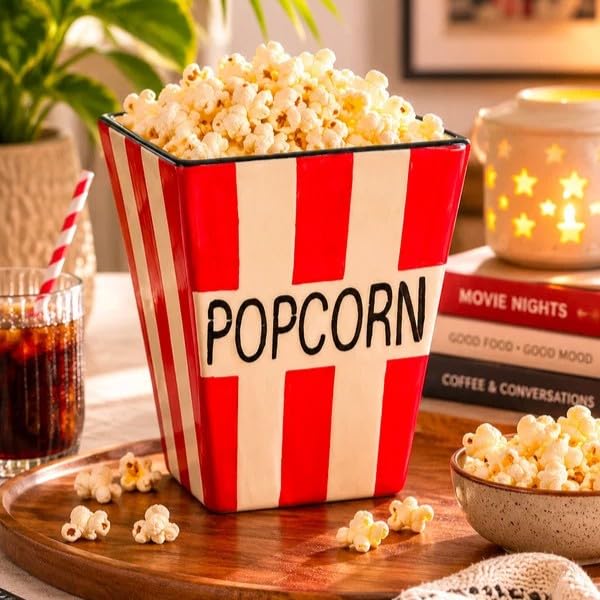Ocean Store Classic Cinema Popcorn Bucket, Hand-Painted Ceramic Snack Bowl, Red & White Striped Movie Night Serving Basket, 5.5 x 7 Inch