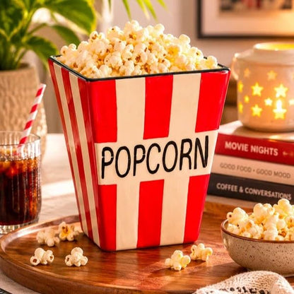 Ocean Store Classic Cinema Popcorn Bucket, Hand-Painted Ceramic Snack Bowl, Red & White Striped Movie Night Serving Basket, 5.5 x 7 Inch