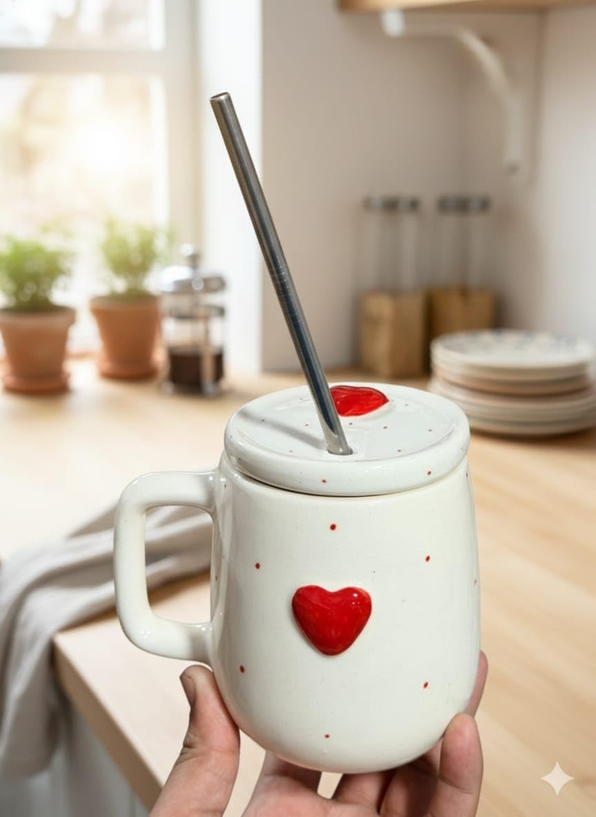OCEAN STORE Ceramic Coffee Mug with Lid and Stainless Steel Straw (450ml) – Handcrafted 3D Heart Embossed Reusable Tumbler for Tea, Coffee, and Milk (Pack of 1) (Pack of 1)