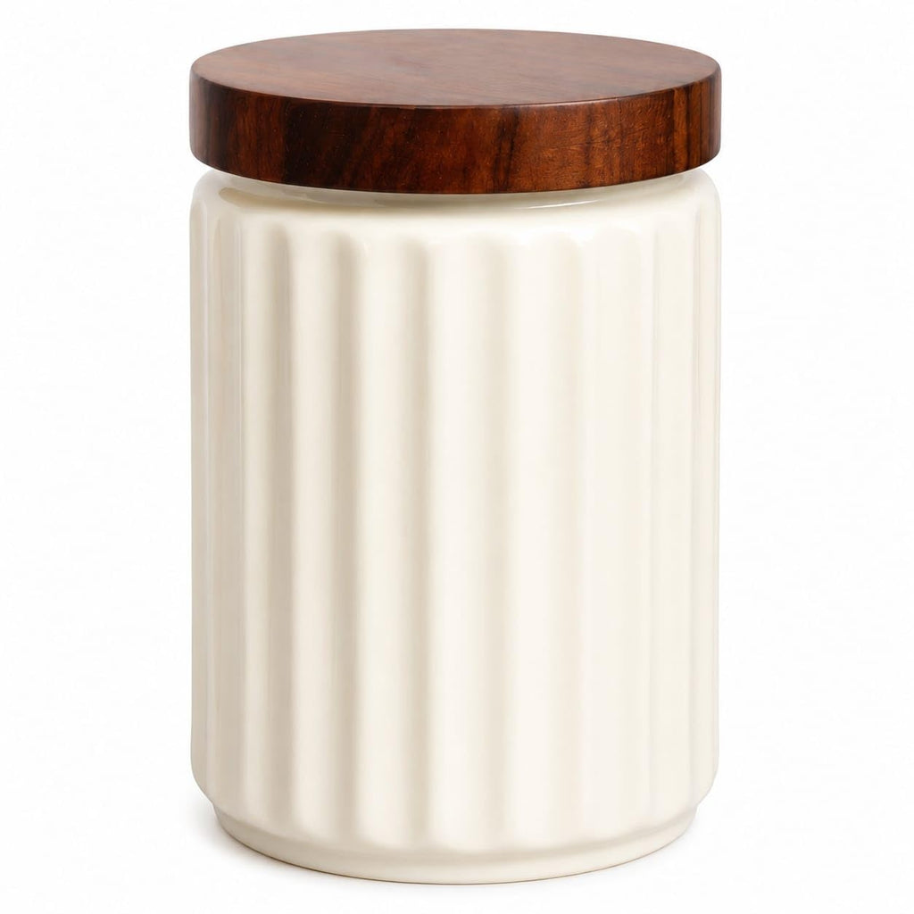 OCEAN STORE Airtight Ceramic Jar with Wooden Lid, 900ml, Cream, Square, Kitchen Container for Sugar, Tea, Salt, Pickles (White)