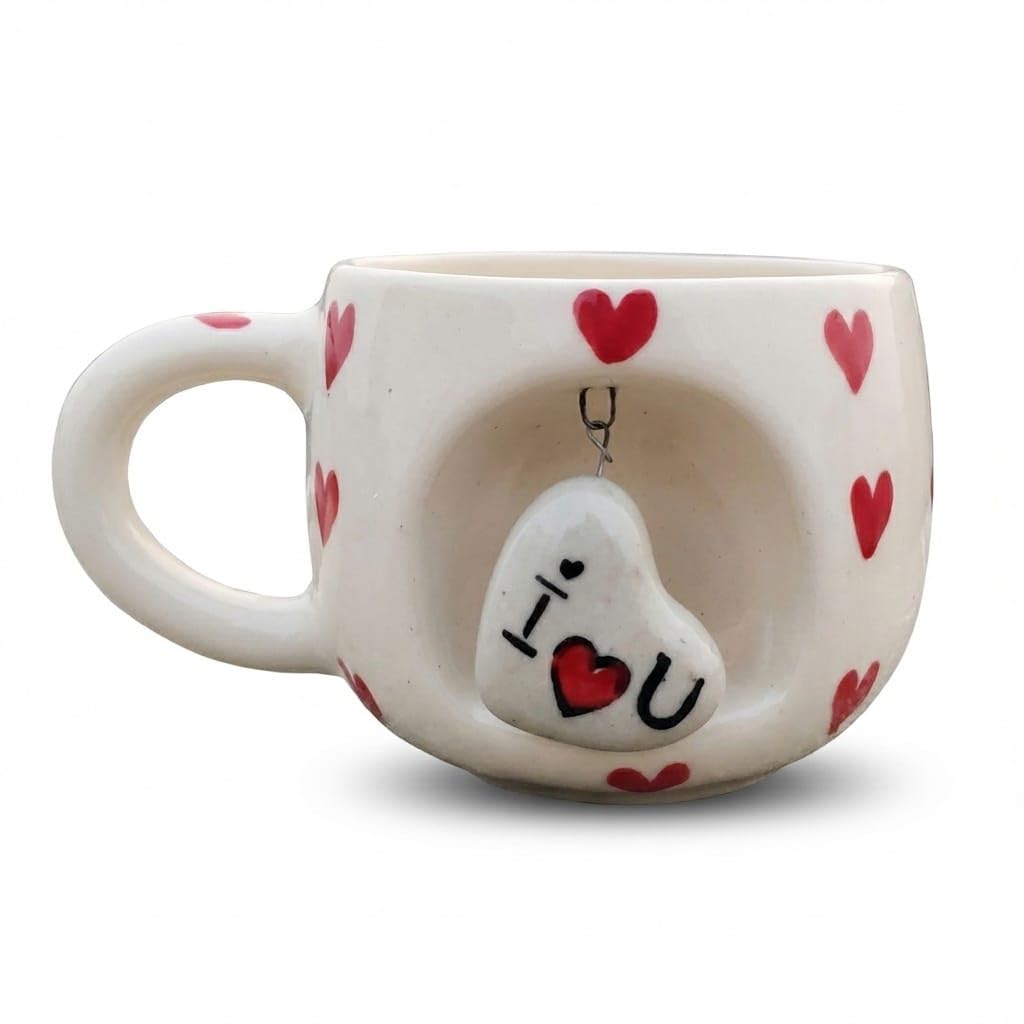 OCEAN STORE Ceramic Coffee Mug 350ml with 3D Hanging Heart Pendant, Hand-Painted Heart Patterns, Speckled Finish, Dangling Charm (1, White & Red)