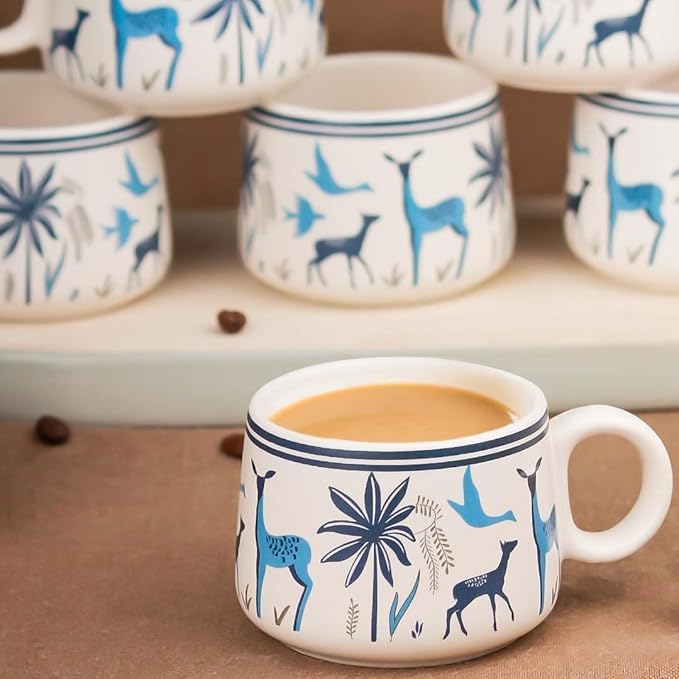 OCEAN STORE Stag Blue Ceramic Tea Cups Set of 6, Small Coffee Chai Serving Cups, 75 ML, Microwave Safe, Antique Style, Round Shape, Lead-Free