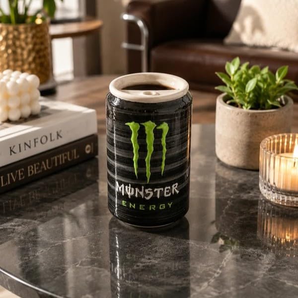 OCEAN STORE Black Energy Drink Can Style Ceramic Sipper, 500ml Hand-Painted Glossy Mug, Microwave & Dishwasher Safe, Lead-Free, Gift for Drink Lovers