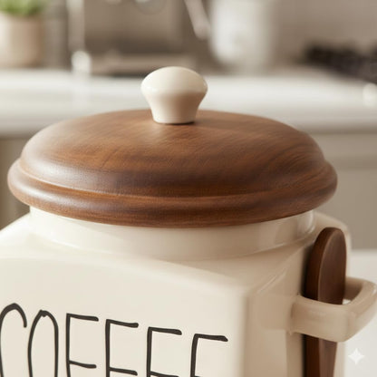 OCEAN STORE Ceramic Storage Canister with Wooden Lid, Cream, 900ml, Handcrafted Airtight Container with Screw-in Lid and Spoon Holder, Food Safe, Microwave Safe, BPA Free (1, Coffee)
