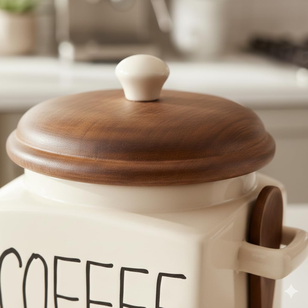 OCEAN STORE Ceramic Storage Canister with Wooden Lid, Cream, 900ml, Handcrafted Airtight Container with Screw-in Lid and Spoon Holder, Food Safe, Microwave Safe, BPA Free (1, Salt)