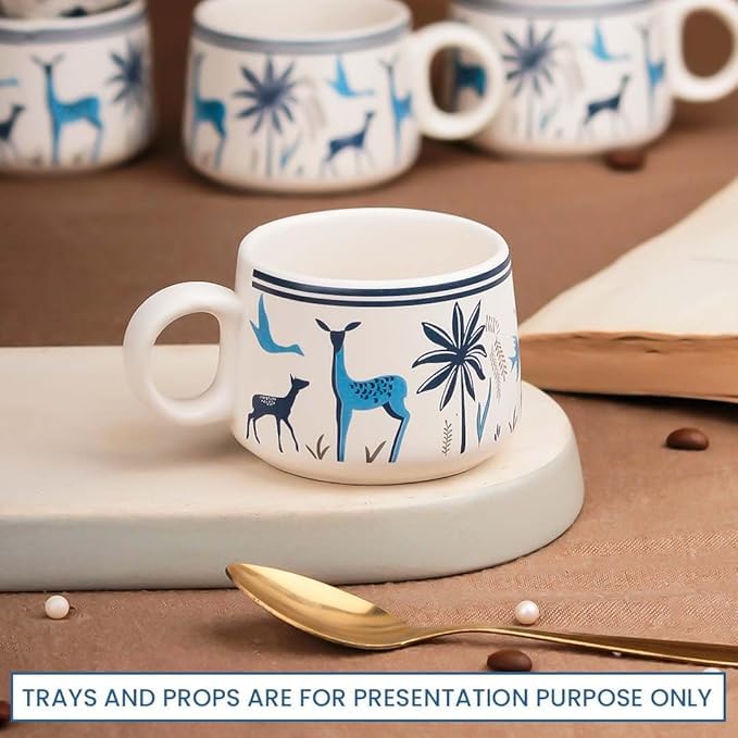 OCEAN STORE Stag Blue Ceramic Tea Cups Set of 6, Small Coffee Chai Serving Cups, 75 ML, Microwave Safe, Antique Style, Round Shape, Lead-Free