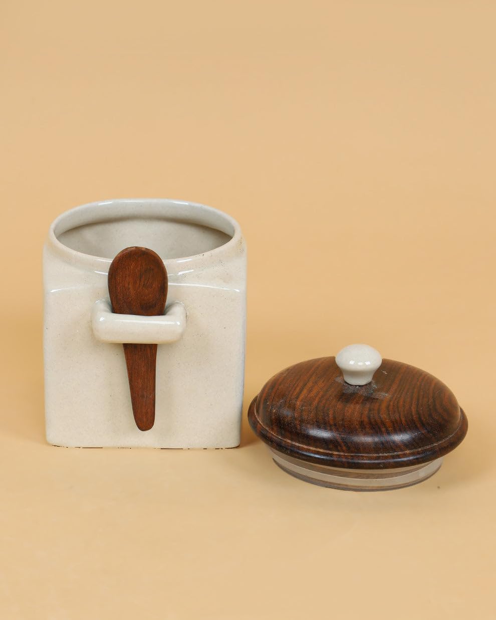 OCEAN STORE Ceramic Storage Canister with Wooden Lid, Cream, 900ml, Handcrafted Airtight Container with Screw-in Lid and Spoon Holder, Food Safe, Microwave Safe, BPA Free (1, Salt)