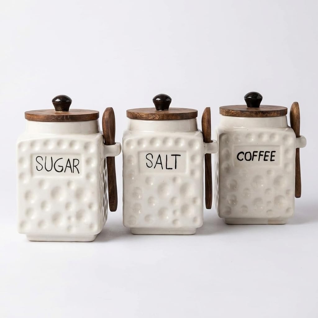 OCEAN STORE Ceramic Dotted Jar Set of 3 with Wooden Lids & Spoons - Airtight Kitchen Storage Canisters for (Sugar + Salt + Coffee)