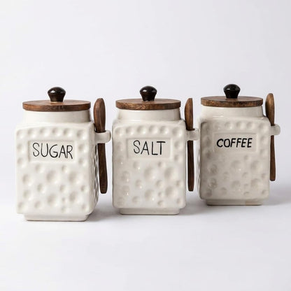 OCEAN STORE Ceramic Dotted Jar Set of 3 with Wooden Lids & Spoons - Airtight Kitchen Storage Canisters for (Sugar + Salt + Coffee)