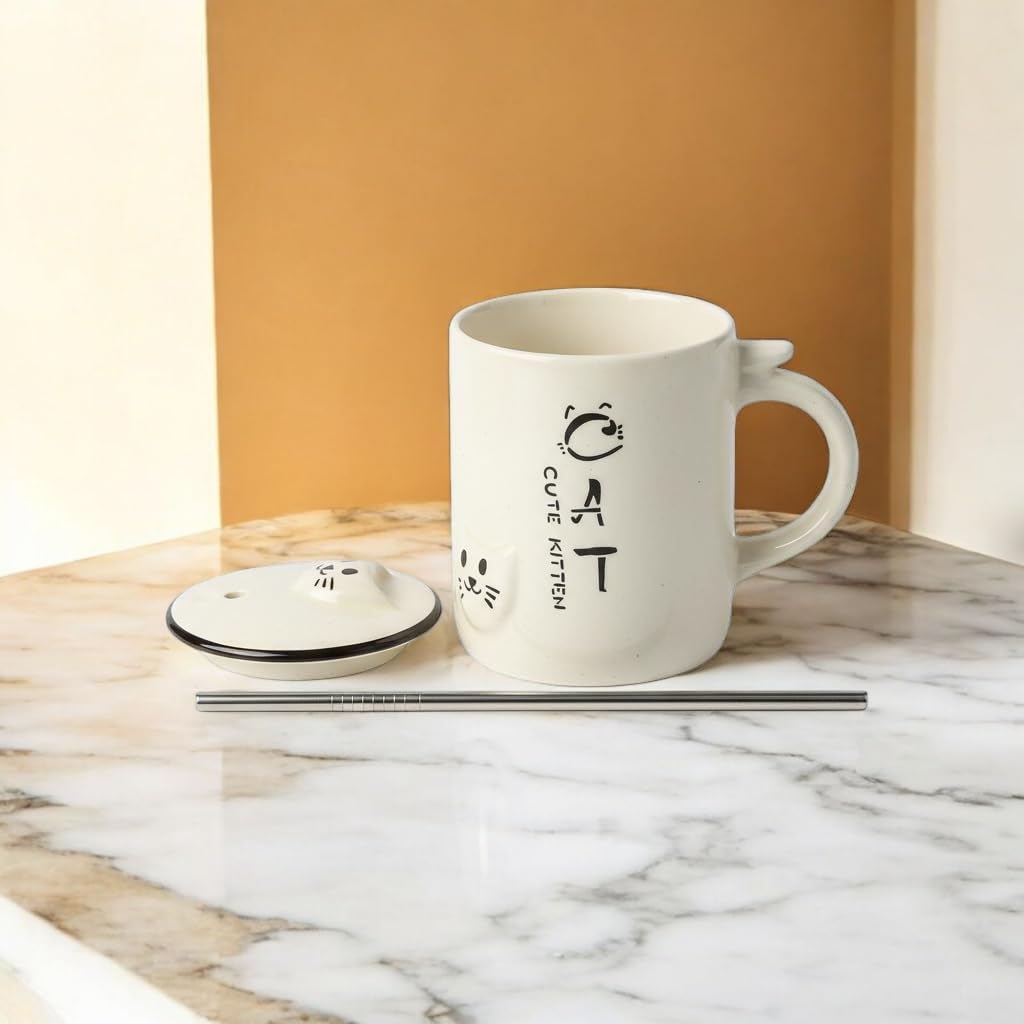 OCEAN STORE Ceramic Tumbler Mug with Lid and Stainless Steel Straw, White, 450ml, Cute Kitten Design, for Hot and Cold Drinks (Pack of 1) (Pack of 1)