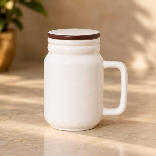 OCEAN STORE Ceramic Matte Mug with Secure Fit Lid & Stainless Steel Straw | 300 ml Jar Mug for Coffee, Tea & Cold Drinks | Microwave & Dishwasher Safe (Set of 1)