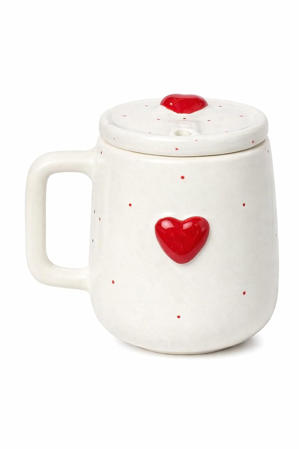 OCEAN STORE Ceramic Coffee Mug with Lid and Stainless Steel Straw (450ml) – Handcrafted 3D Heart Embossed Reusable Tumbler for Tea, Coffee, and Milk (Pack of 1) (Pack of 1)