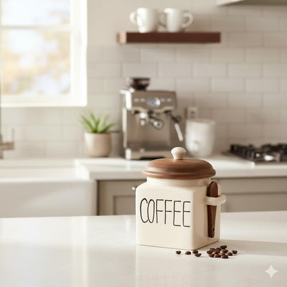 OCEAN STORE Ceramic Storage Canister with Wooden Lid, Cream, 900ml, Handcrafted Airtight Container with Screw-in Lid and Spoon Holder, Food Safe, Microwave Safe, BPA Free (1, Coffee)