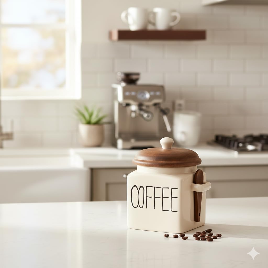 OCEAN STORE Ceramic Storage Canister with Wooden Lid, Cream, 900ml, Handcrafted Airtight Container with Screw-in Lid and Spoon Holder, Food Safe, Microwave Safe, BPA Free (1, Salt)